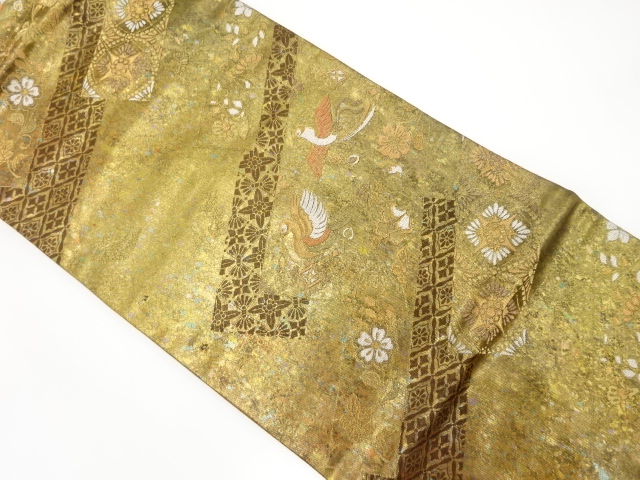 引箔　斜め縞に花喰い鳥模様織り出し　名古屋帯